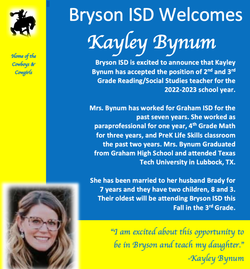 Bryson ISD Mrs. Bynum to BISD!